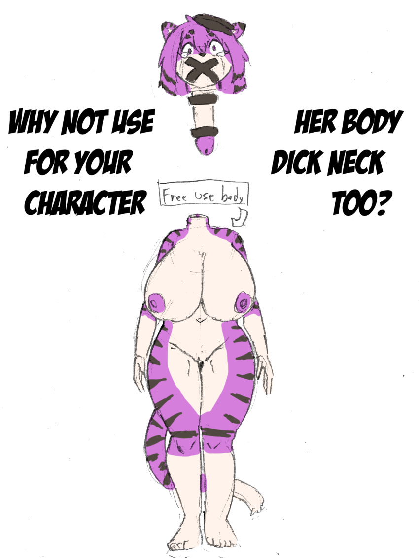 anthro big_breasts bodily_fluids breasts crying detachable detachable_head felid female genitals head_penis hi_res huge_breasts komenuka_inaho mammal nude pantherine pussy solo tears tiger wide_hips zeno_(komenuka_inaho)