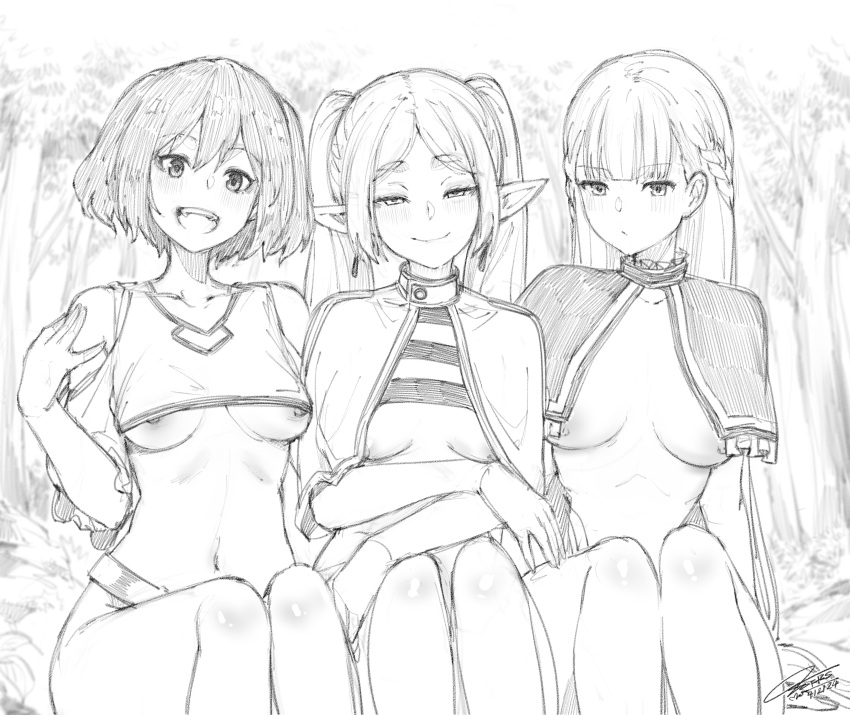 3girls :/ absurdres areola_slip arm_support bare_shoulders belt blunt_bangs blush braid breasts capelet closed_mouth clothing_cutout commentary dated earrings elf english_commentary expressionless fkscrashing forest frieren graphite_(medium) greyscale hair_behind_ear hair_between_eyes half-closed_eyes hand_up hatching_(texture) highres jewelry kanne_(sousou_no_frieren) lawine_(sousou_no_frieren) linear_hatching long_hair looking_at_viewer medium_breasts monochrome multiple_girls nature naughty_face navel nipples open_mouth outdoors parted_bangs pointy_ears shirt short_eyebrows short_hair shoulder_cutout side-by-side sidelocks signature sitting smile sousou_no_frieren stomach straight_hair striped_clothes striped_shirt teeth thick_eyebrows traditional_media tree twintails upper_teeth_only very_long_hair