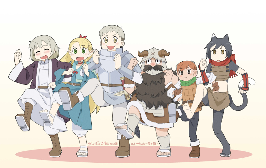 3boys 3girls :d :o absurdres animal_ears arm_guards armor asymmetrical_bangs barefoot beard belt_pouch black_hair blonde_hair blue_capelet blue_robe blush body_fur braid brother_and_sister brown_eyes brown_gloves brown_hair brown_skirt capelet cat_ears cat_girl cat_tail chilchuck_tims choker clenched_hand clenched_hands closed_eyes closed_mouth covered_mouth crop_top dancing dated dungeon_meshi dwarf elf facial_hair facing_viewer fake_horns falin_thorden foot_up french_braid full_body fur_trim gloves gorget green_eyes green_scarf grey_hair halfling hand_up hands_up happy hashtag_only_commentary helmet highres hood hood_down hooded_capelet horned_helmet horns izutsumi jacket kensuke_(dungeon_meshi) kicking knee_up laios_thorden leather_armor lineup locked_arms long_beard long_hair long_sleeves looking_at_viewer marcille_donato midriff multiple_boys multiple_braids multiple_girls mustache no_headwear nose_blush open_mouth pants pants_tucked_in parody parody_request parted_bangs pauldrons plate_armor pointy_ears pouch purple_jacket red_scarf robe sandals scarf senshi_(dungeon_meshi) shirt shoe_soles short_hair shoulder_armor siblings side_braid skirt sleeveless smile sokina soles standing standing_on_one_leg style_parody sword tail undercut vambraces very_long_hair weapon white_background white_pants white_robe white_shirt winged_sword yellow_eyes