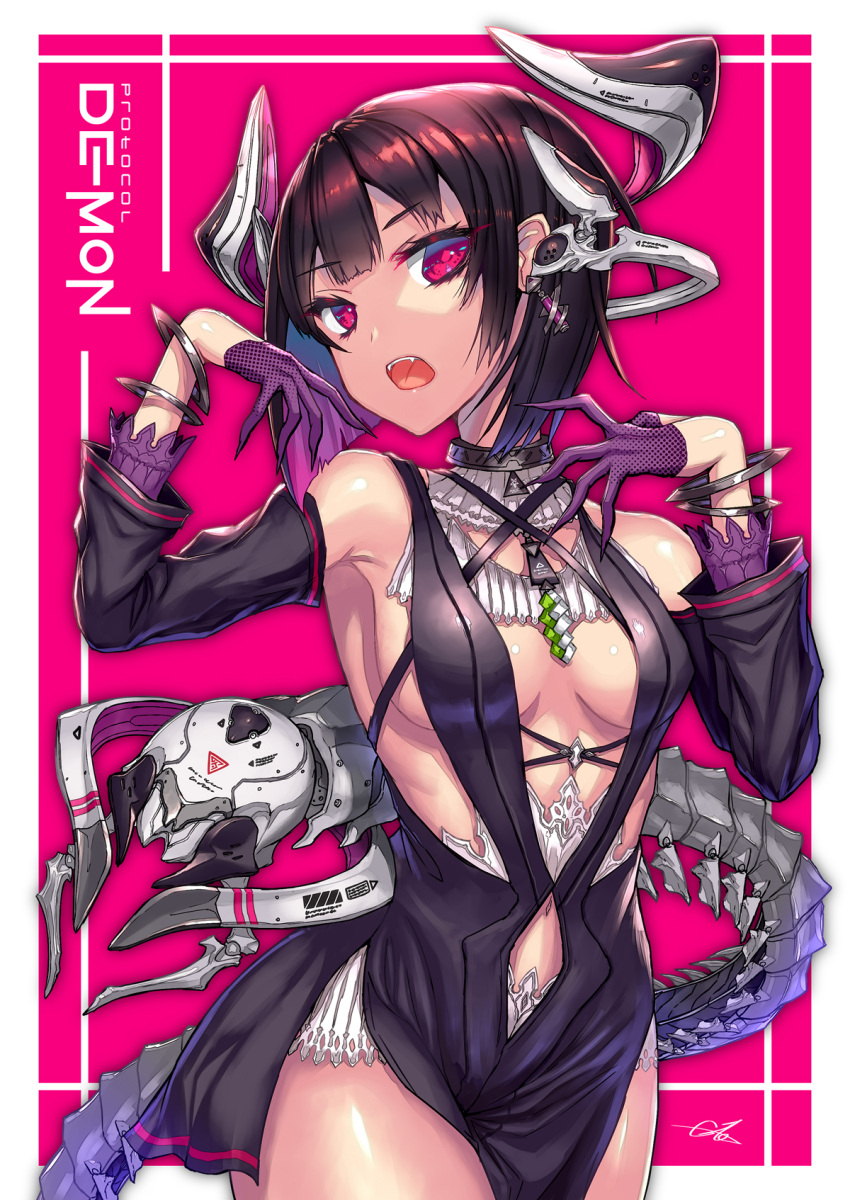 1girl black_dress bracelet breasts brown_hair colored_inner_hair commentary_request cyberpunk demon_girl demon_horns detached_sleeves dress earrings gia gloves half_gloves highres horns jewelry looking_at_viewer mecha_musume medium_breasts mixed-language_commentary multicolored_hair open_mouth original purple_hair red_eyes short_hair signature solo two-tone_hair