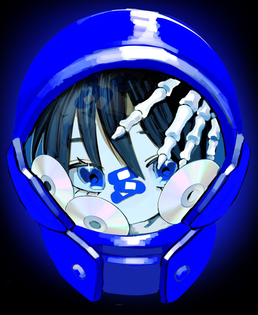 1girl bandaid bandaid_on_face bandaid_on_nose black_background black_hair blue_eyes blue_headwear cd helmet highres looking_at_viewer original portrait skeletal_hand solo urokogaran