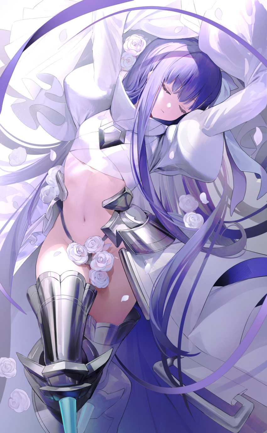 1girl armored_boots arms_up boots breasts closed_eyes cropped_jacket crotch_plate fate/extra fate/extra_ccc fate/grand_order fate_(series) flower hair_ribbon highres hoojiro jacket long_hair long_sleeves meltryllis_(fate) meltryllis_(third_ascension)_(fate) navel prosthesis prosthetic_leg purple_hair ribbon sleeves_past_fingers sleeves_past_wrists small_breasts solo very_long_hair white_jacket white_ribbon