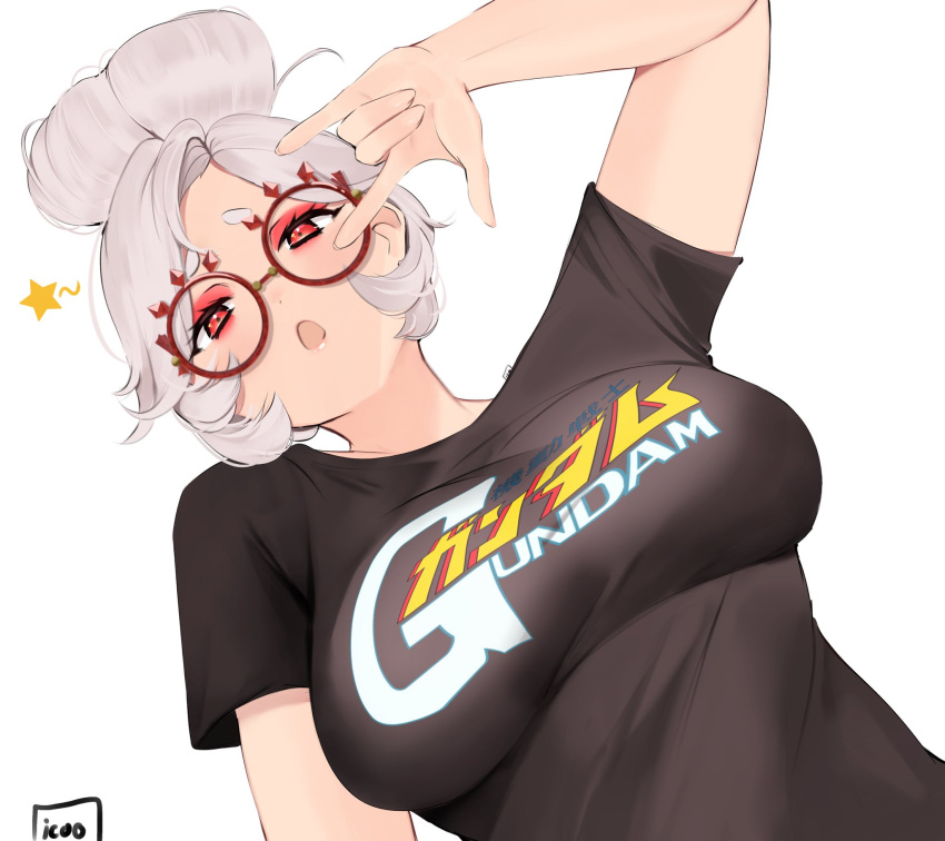 1girl alternate_costume breasts casual contemporary eyeshadow glasses gundam highres icoo large_breasts looking_at_viewer makeup open_mouth purah red-framed_eyewear red_eyes round_eyewear sheikah shirt solo t-shirt the_legend_of_zelda the_legend_of_zelda:_tears_of_the_kingdom white_hair