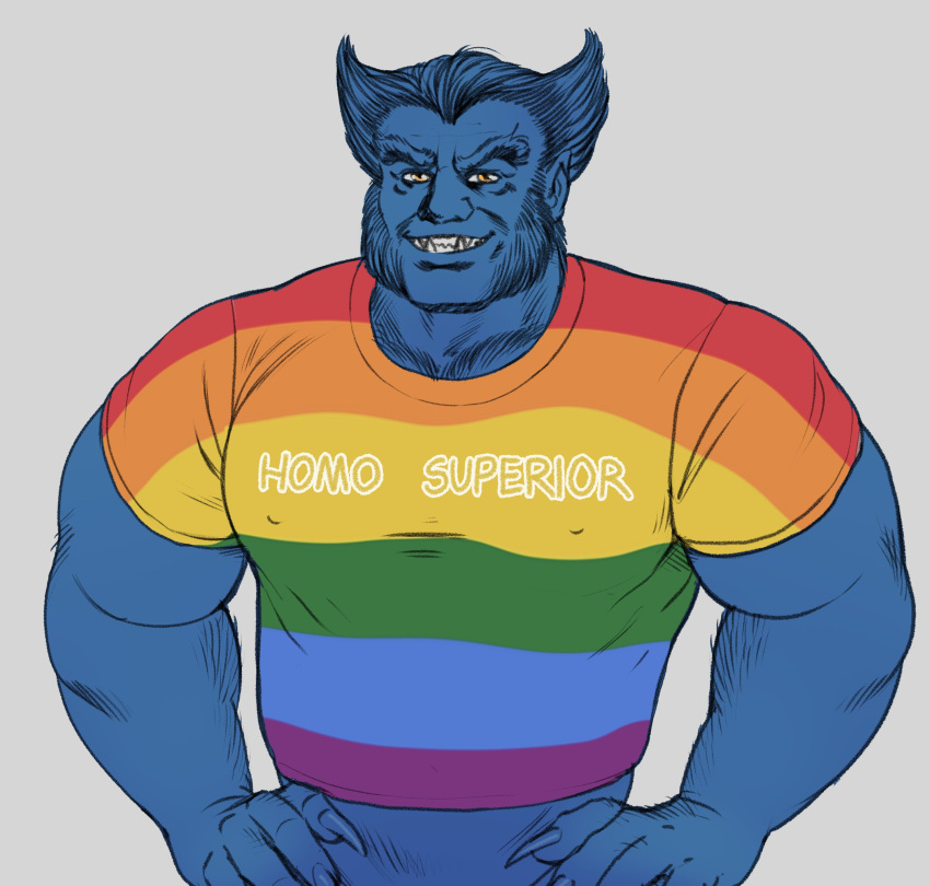 1boy absurdres alternate_costume bara beast_(x-men) blue_hair blue_skin bottomless clothes_writing colored_skin covered_nipples fingernails highres large_pectorals male_focus marvel mature_male monster_boy muscular muscular_male pectorals rainbow_flag_print sharp_fingernails short_hair smagma smile thick_eyebrows upper_body x-men