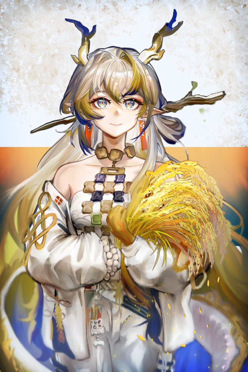 1girl arknights bare_shoulders blue_hair breasts brown_eyes closed_mouth collarbone commentary_request earrings grey_eyes grey_hair hair_between_eyes hair_intakes highres horns jacket jewelry long_sleeves looking_at_viewer multicolored_hair open_clothes open_jacket pointy_ears puffy_long_sleeves puffy_sleeves rengu_ren shu_(arknights) skirt small_breasts smile solo streaked_hair white_jacket white_skirt