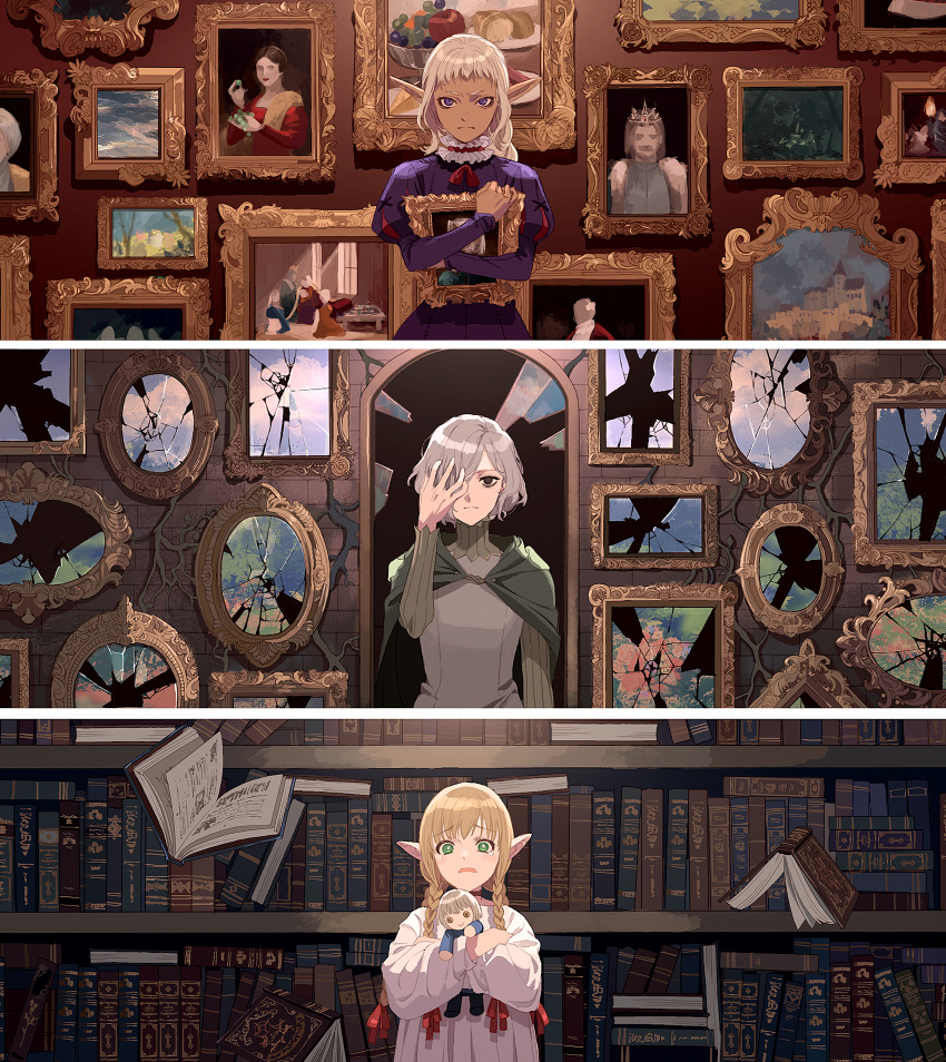 3girls blonde_hair blush book bookshelf braid broken_mirror cape character_request crown dark-skinned_female dark_skin doll dress dungeon_meshi frown green_cape green_eyes grey_eyes hair_over_one_eye highres holding holding_doll holding_painting long_sleeves looking_at_viewer mirror multiple_girls okazaki_oka painting_(object) pointy_ears purple_dress purple_eyes stuffed_toy tearing_up upper_body white_hair