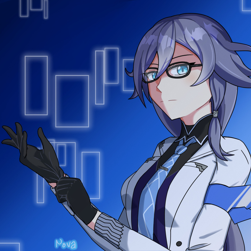 1girl absurdres aoinova artist_name black_gloves black_shirt blue_eyes blue_hair blue_necktie blue_shirt breasts closed_mouth fu_hua fu_hua_(night_squire) glasses glove_pull gloves grey_hair hair_between_eyes highres honkai_(series) honkai_impact_3rd jacket long_hair looking_at_viewer low-tied_long_hair low_ponytail medium_breasts necktie open_clothes open_jacket ponytail print_necktie shirt solo suit white_jacket white_suit