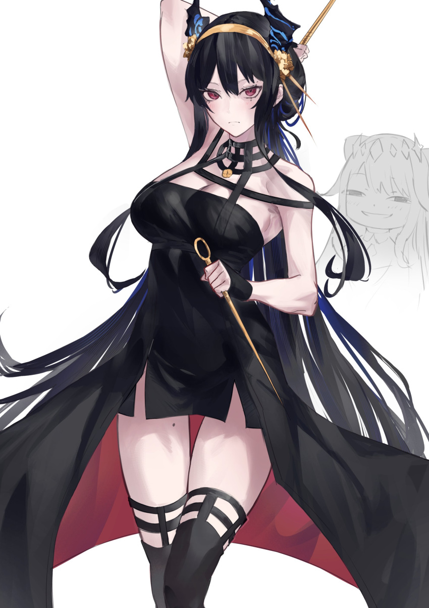 2girls absurdres anya's_heh_face_(meme) black_dress black_hair black_thighhighs breasts cosplay dress hairband highres hololive hololive_english horns koseki_bijou large_breasts long_hair meme mole mole_on_thigh mole_under_eye multiple_girls nerissa_ravencroft red_eyes reon_(98109reon) spy_x_family thighhighs virtual_youtuber yellow_hairband yor_briar yor_briar_(cosplay)