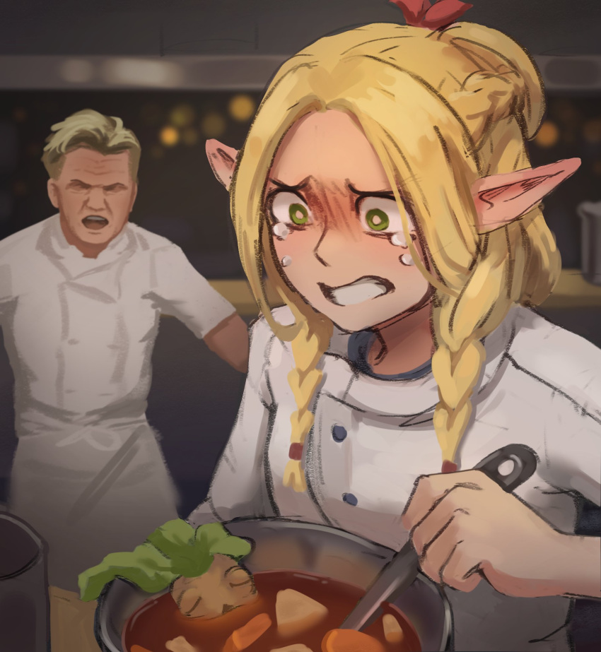 1boy 1girl blonde_hair blurry blurry_background braid bright_pupils chef clenched_teeth commentary cooking cooking_pot crying crying_with_eyes_open dungeon_meshi elf english_commentary food gordon_ramsay green_eyes hair_over_shoulder hair_ribbon hell's_kitchen hexlaze highres holding indoors kitchen long_hair low_twin_braids marcille_donato open_mouth parted_bangs pointy_ears real_life red_ribbon ribbon short_hair shouting solo_focus tears teeth twin_braids white_pupils