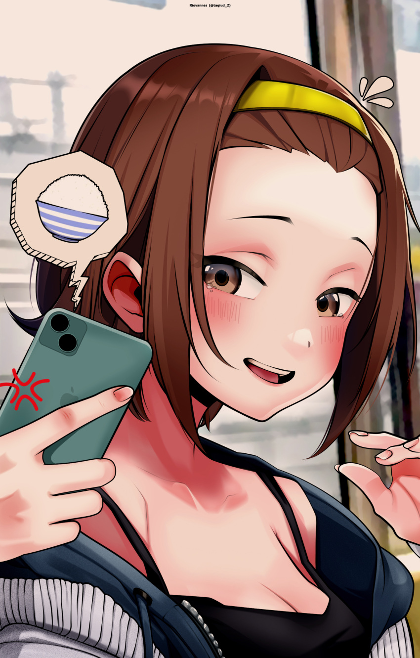 1girl absurdres anger_vein black_camisole blush bowl breasts brown_eyes brown_hair camisole cellphone cleavage collarbone commentary english_commentary hairband highres holding holding_phone jacket k-on! phone rice_bowl short_hair smartphone solo spoken_object tainaka_ritsu taqi99 white_jacket yellow_hairband
