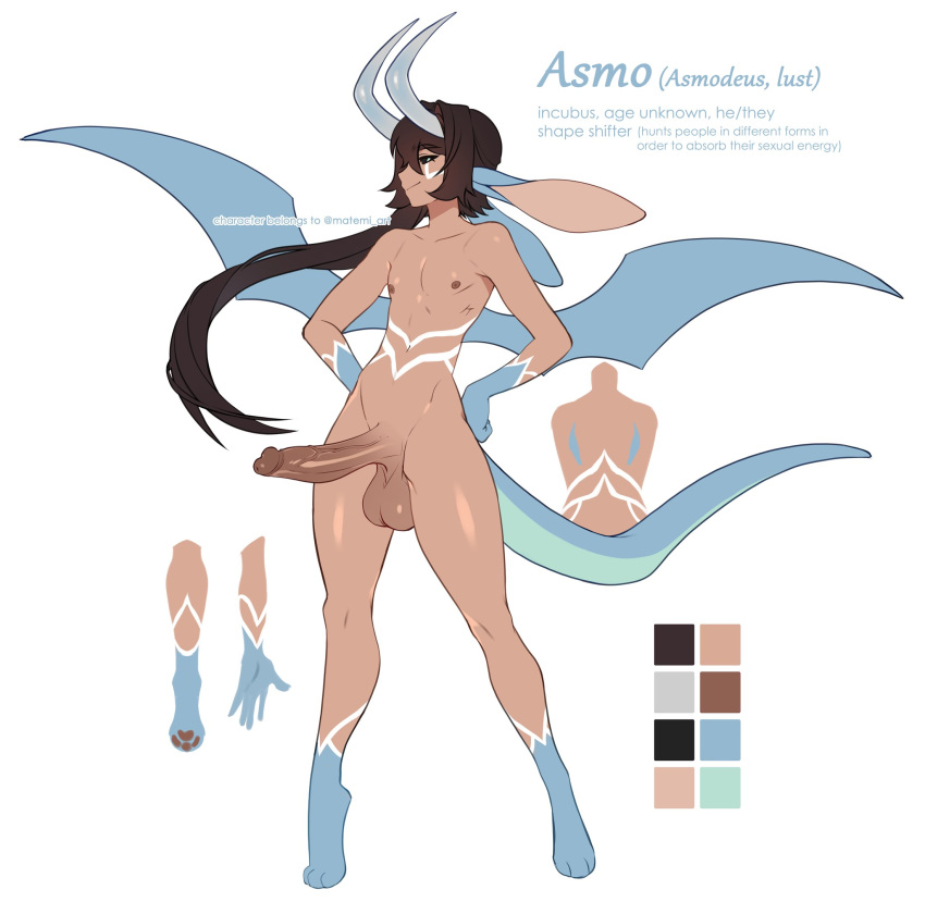 1boy animal_ears asmo_(matemi) brown_hair character_name completely_nude highres large_penis matemi navel nipples nude original otoko_no_ko penis solo stomach tail tattoo testicles white_background