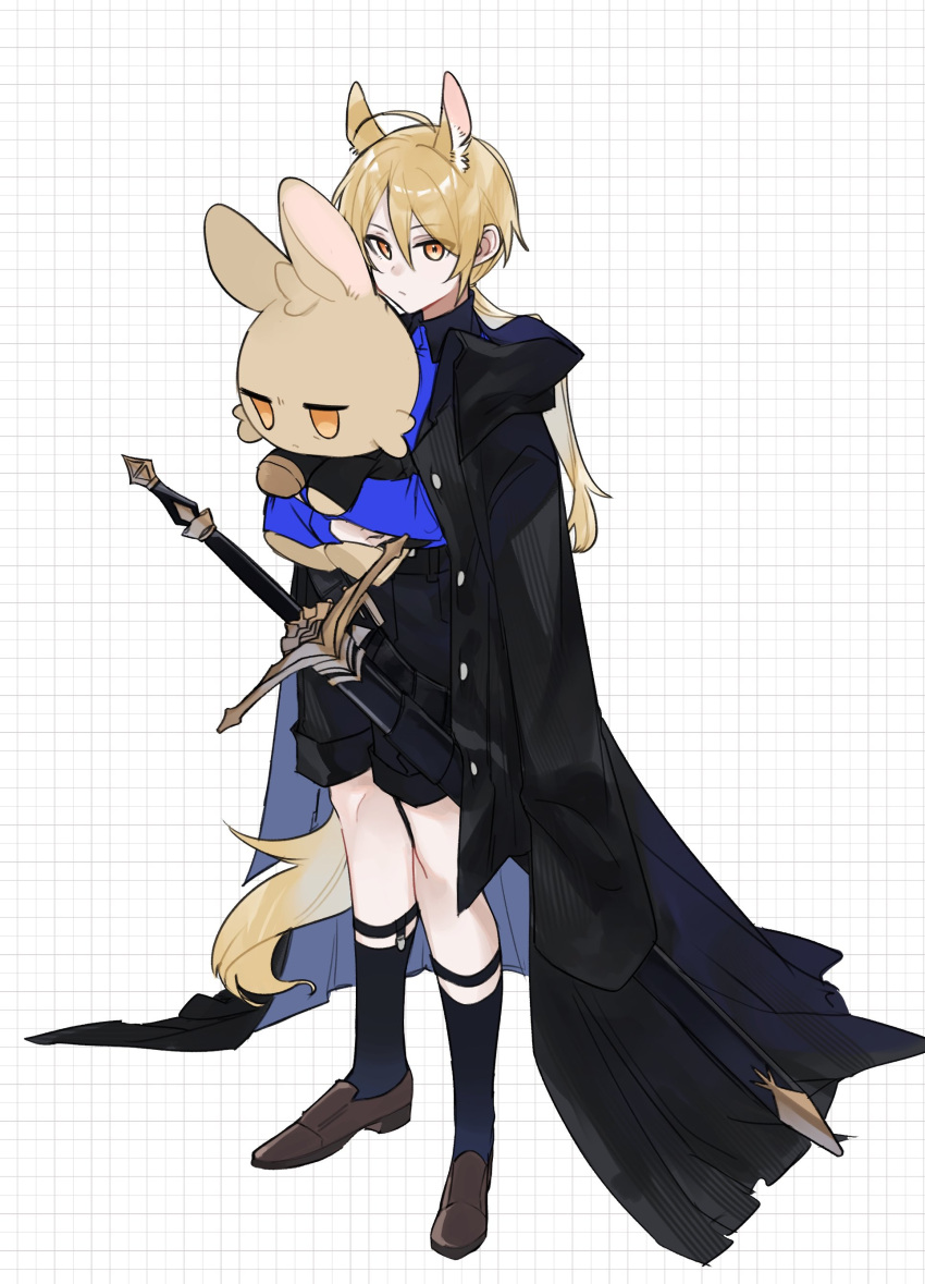 1boy absurdres aged_down animal_ears arknights bishounen blonde_hair blue_shirt coat garter_belt highres holding holding_stuffed_toy horse_boy horse_ears horse_tail male_focus mlynar_(arknights) oversized_clothes shirt shoes shorts simple_background solo stuffed_toy sword tail weapon white_background yakota_(usuk-yako) yellow_eyes