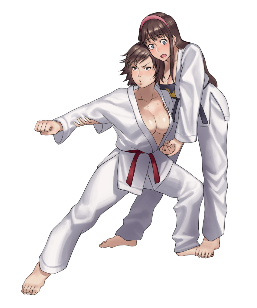 2girls barefoot belt black_belt black_sports_bra breasts brown_hair cleavage clenched_hands commentary commission crossover dead_or_alive dougi english_commentary fighting_stance full_body hanny_(uirusu_chan) highres hitomi_(doa) karate karate_gi kazama_asuka large_breasts multiple_girls no_bra pink_hair red_belt sports_bra sweat tekken toes