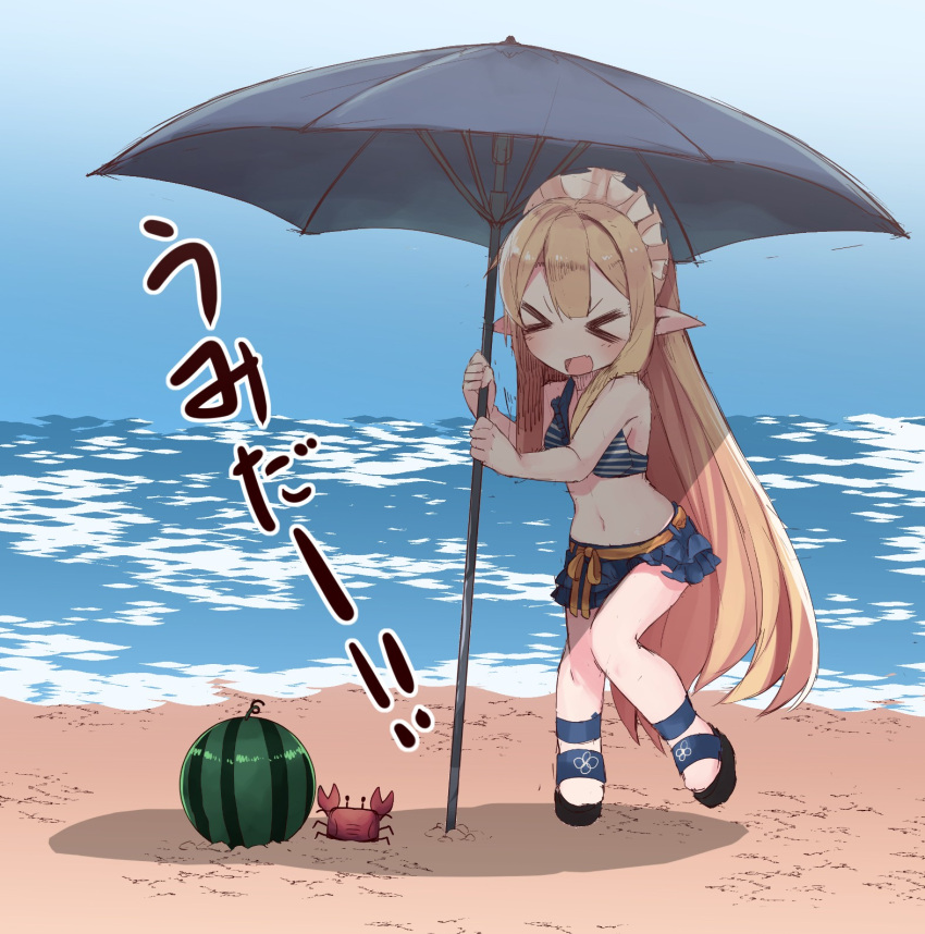 &gt;_&lt; 1girl aria_(fuurin) beach blonde_hair crab elf food fruit fuurin_(tukimitake) highres holding holding_umbrella horizon long_hair maid_headdress open_mouth original outdoors parasol pointy_ears sand sandals swimsuit umbrella very_long_ears very_long_hair watermelon