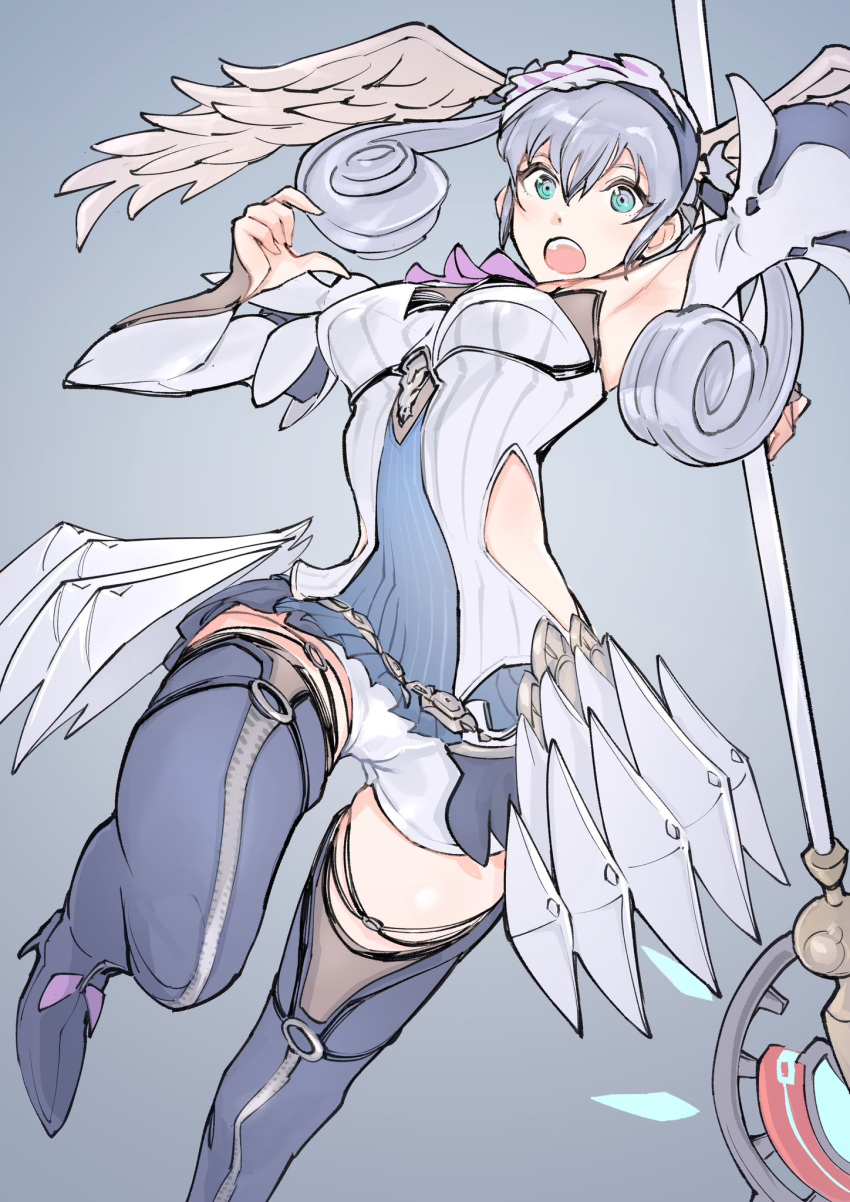 1girl armpits blue_eyes boots curly_hair dress energy_weapon grey_hair hair_between_eyes head_wings highres holding holding_staff looking_at_viewer melia_antiqua open_mouth shorts shorts_under_dress solo staff thigh_boots ug333333 white_shorts wings xenoblade_chronicles:_future_connected xenoblade_chronicles_(series) xenoblade_chronicles_1