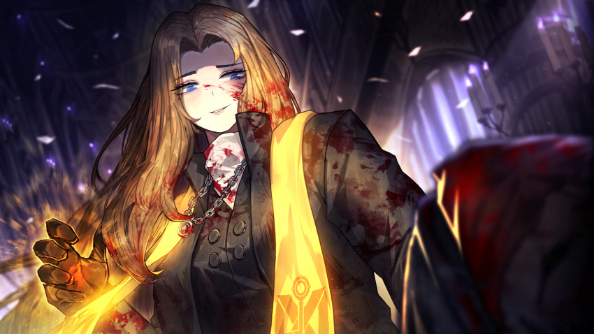 1girl 1other black_gloves black_robe blood blood_in_hair blood_on_clothes blood_on_face blue_eyes brown_hair game_cg gloves highres limbus_company long_hair mole mole_under_eye nai_ga official_art parted_lips project_moon robe rodion_(project_moon) teeth