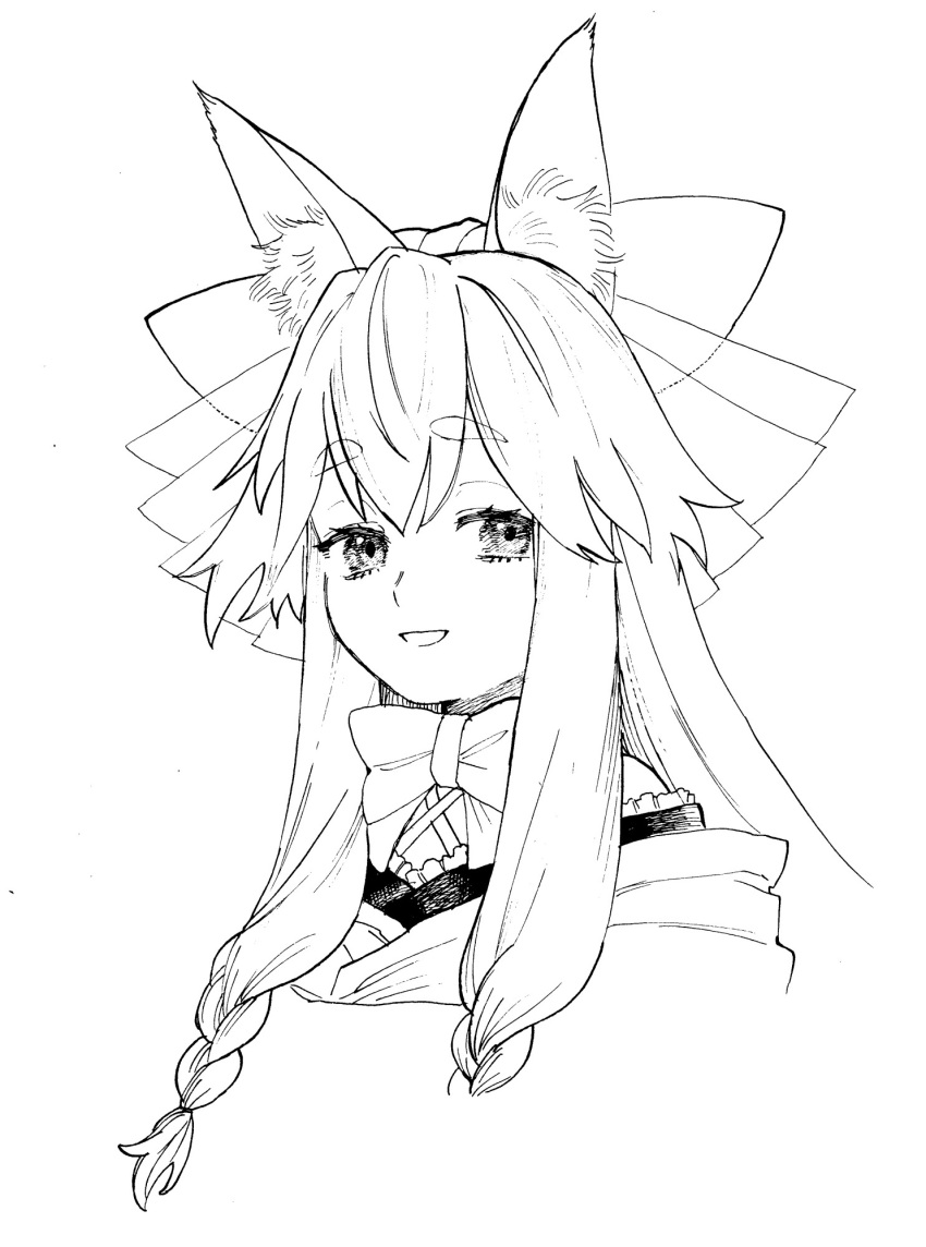 1girl animal_ear_fluff animal_ears bow bowtie braided_sidelock cropped_torso fate/samurai_remnant fate_(series) greyscale hair_bow highres japanese_clothes lineart long_hair looking_at_viewer monochrome noz_2to parted_lips portrait sidelocks simple_background smile solo tamamo_(fate) tamamo_aria_(fate)