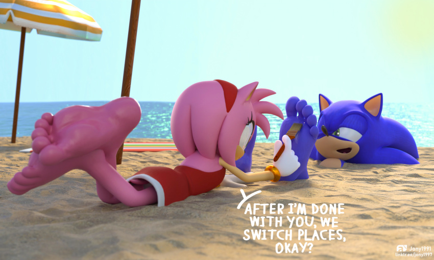 5_toes amy_rose anthro barefoot beach buried buried_in_sand dialogue duo feet female foot_fetish foot_focus foot_play hi_res humanoid_feet jony1991 male male/female plantigrade sand seaside sega sonic_the_hedgehog sonic_the_hedgehog_(series) tickling tickling_feet toes