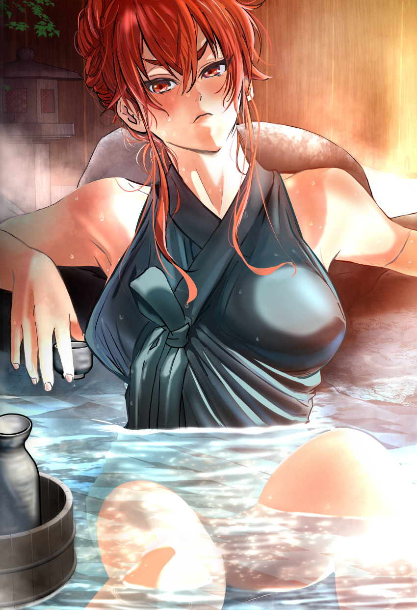 &gt;:( 1girl absurdres armpits bamboo_fence bare_arms bare_shoulders bathing black_tunic blush bottomless breasts bucket covered_nipples cup elbow_rest fence hair_up highres holding holding_cup kou_(spad7u59) large_breasts looking_at_viewer mushoku_tensei onsen partially_submerged red_eyes red_hair sakazuki short_hair_with_long_locks sitting solo stone_lantern tokkuri v-shaped_eyebrows water wet wooden_bucket