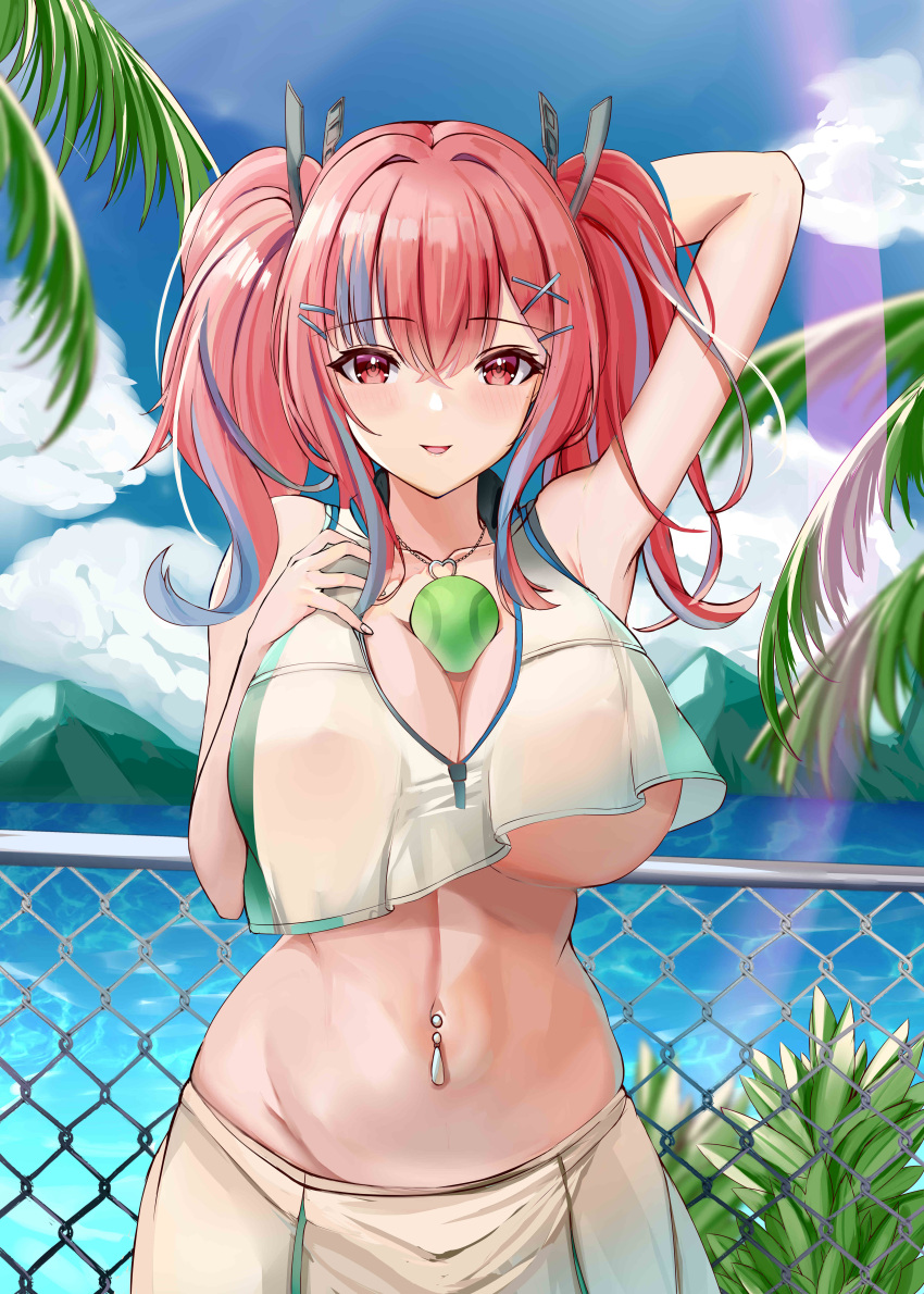 1girl absurdres arm_up azur_lane blue_sky blush breasts bremerton_(azur_lane) bremerton_(scorching-hot_training)_(azur_lane) cloud cloudy_sky covered_nipples day groin hair_between_eyes highres huge_breasts kanesada_dp looking_at_viewer multicolored_hair navel ocean outdoors palm_tree red_eyes red_hair sky smile solo stomach tree twintails two-tone_hair water