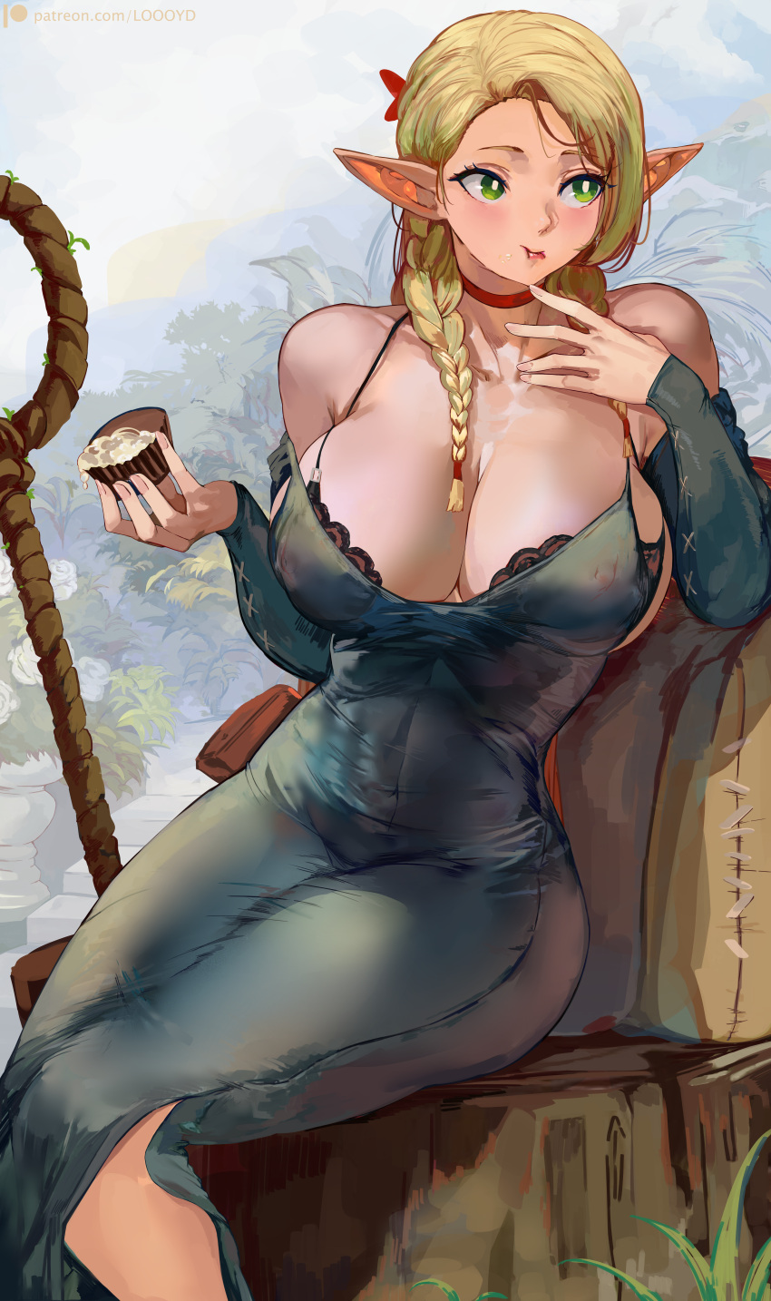 1girl absurdres backpack bag bare_shoulders black_bra blonde_hair bra braid breasts bright_pupils choker cleavage covered_navel covered_nipples detached_sleeves dress dungeon_meshi eating elf english_commentary food green_dress green_eyes highres holding holding_food large_breasts long_dress long_hair long_sleeves looking_to_the_side loooyd mage_staff marcille_donato patreon_username pointy_ears red_choker sitting sitting_on_tree_stump tree_stump twin_braids underwear white_pupils