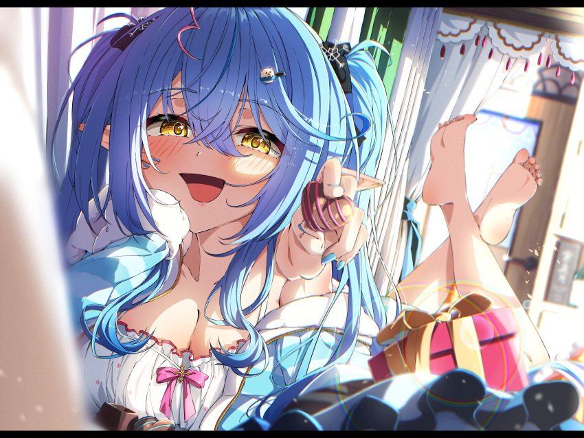 1girl :d absurdres ahoge ama_rei artistic_error barefoot blue_hair blue_jacket blue_nails blush breasts cleavage collarbone crossed_ankles crossed_bangs curtains eyelashes feet feet_up frills gift hair_between_eyes hair_ribbon heart heart_ahoge highres holding hololive indoors jacket large_breasts lens_flare long_hair looking_at_viewer lying nail_polish official_alternate_costume on_stomach open_mouth pointy_ears ribbon sidelocks single_bare_shoulder smile soles solo toenail_polish toenails toes two_side_up virtual_youtuber yellow_eyes yukihana_lamy yukihana_lamy_(4th_costume)
