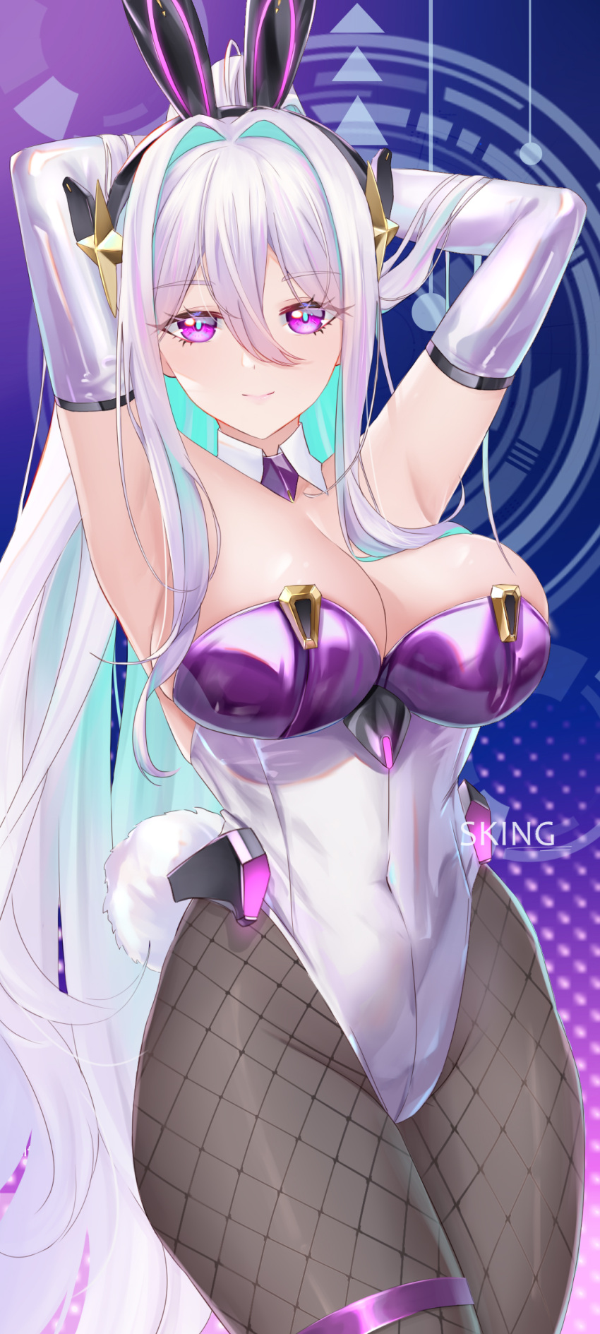 1girl absurdres animal_ears artist_name azur_lane bare_shoulders breasts fake_animal_ears fishnet_pantyhose fishnets gloves hair_between_eyes highres kearsarge_(all_night_charge)_(azur_lane) kearsarge_(azur_lane) large_breasts leotard long_hair looking_at_viewer multicolored_leotard official_alternate_costume pantyhose playboy_bunny purple_eyes sking solo strapless strapless_leotard two-tone_leotard very_long_hair white_hair white_leotard