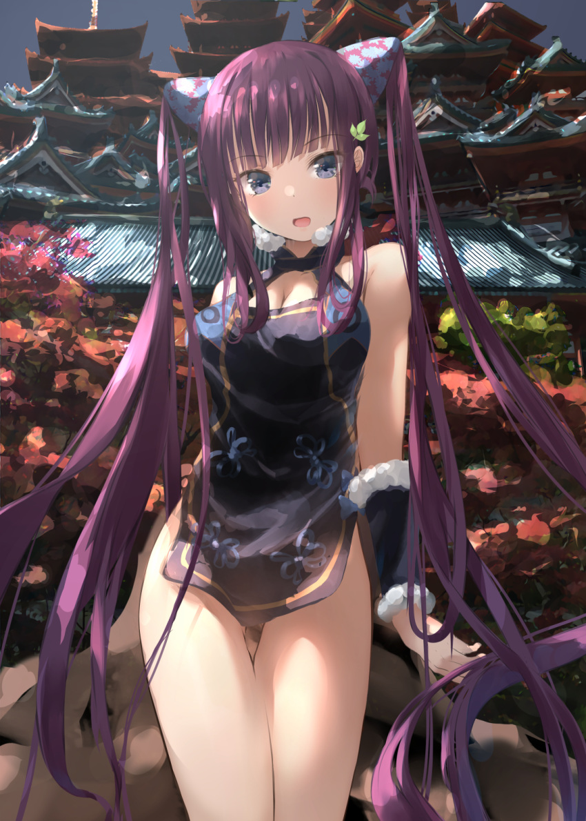 1girl architecture bangs bare_shoulders black_dress blue_eyes blush breasts castle china_dress chinese_clothes cleavage cleavage_cutout clothing_cutout detached_sleeves dress duplicate east_asian_architecture fate/grand_order fate_(series) hair_ornament highres large_breasts leaf_hair_ornament long_hair looking_at_viewer purple_hair sakazakinchan side_slit sidelocks twintails very_long_hair yang_guifei_(fate/grand_order)