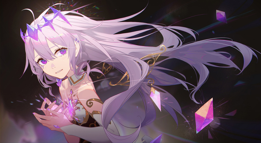 1girl chest_jewel detached_collar detached_sleeves detached_wings dress flat_chest gem grey_hair hololive hololive_english koseki_bijou koseki_bijou_(1st_costume) long_hair purple_eyes purple_nails reirz single_detached_sleeve strapless strapless_dress virtual_youtuber wings