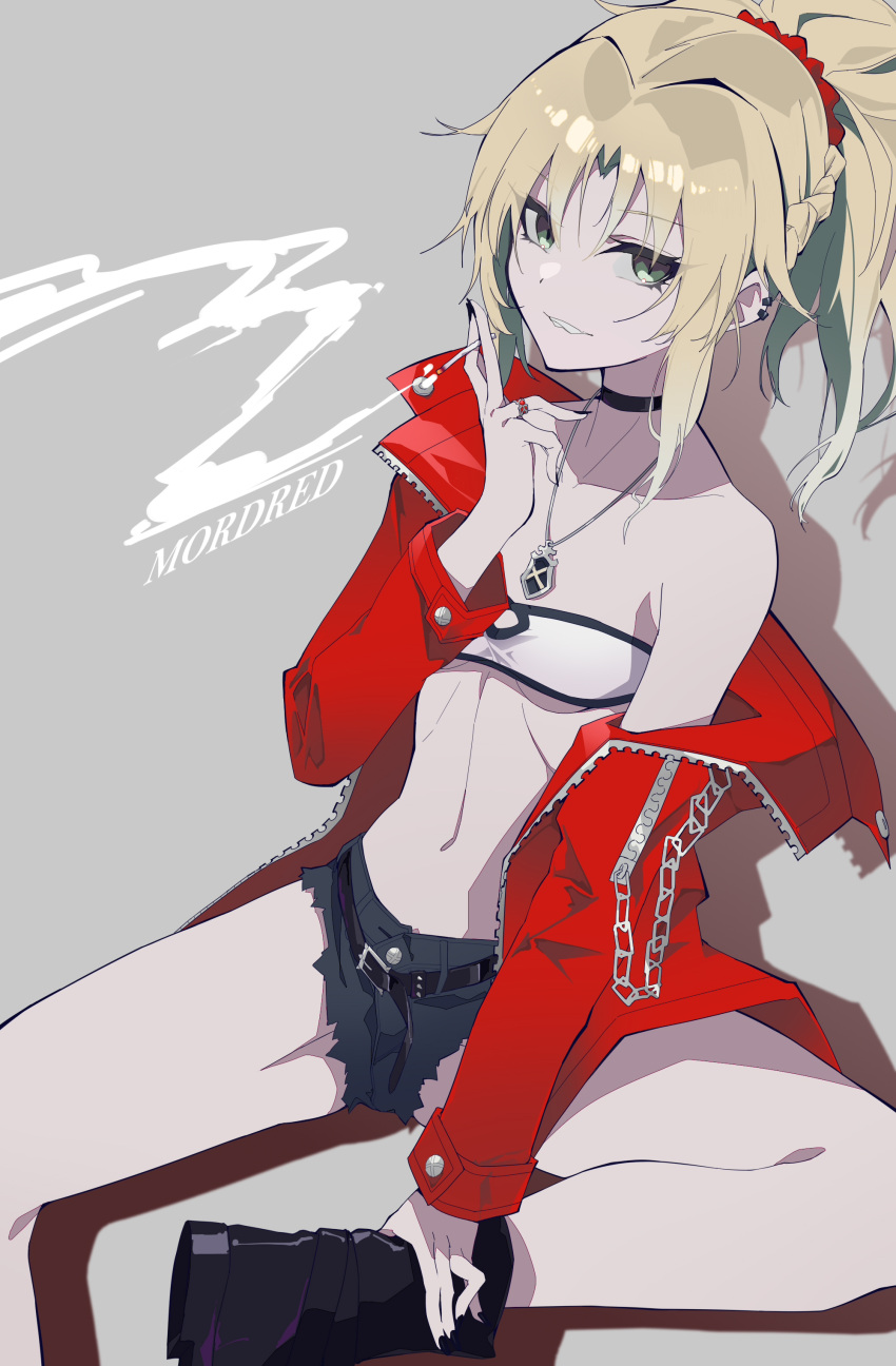 1girl absurdres bandeau belt blonde_hair blue_shorts boots braid breasts cutoffs denim denim_shorts fate/apocrypha fate/grand_order fate_(series) feibai french_braid green_eyes grin highres jacket jewelry long_hair long_sleeves looking_at_viewer mordred_(fate) mordred_(fate/apocrypha) mordred_(memories_at_trifas)_(fate) navel necklace open_clothes open_jacket parted_bangs ponytail red_jacket short_shorts shorts sidelocks sitting small_breasts smile smoking solo thighs