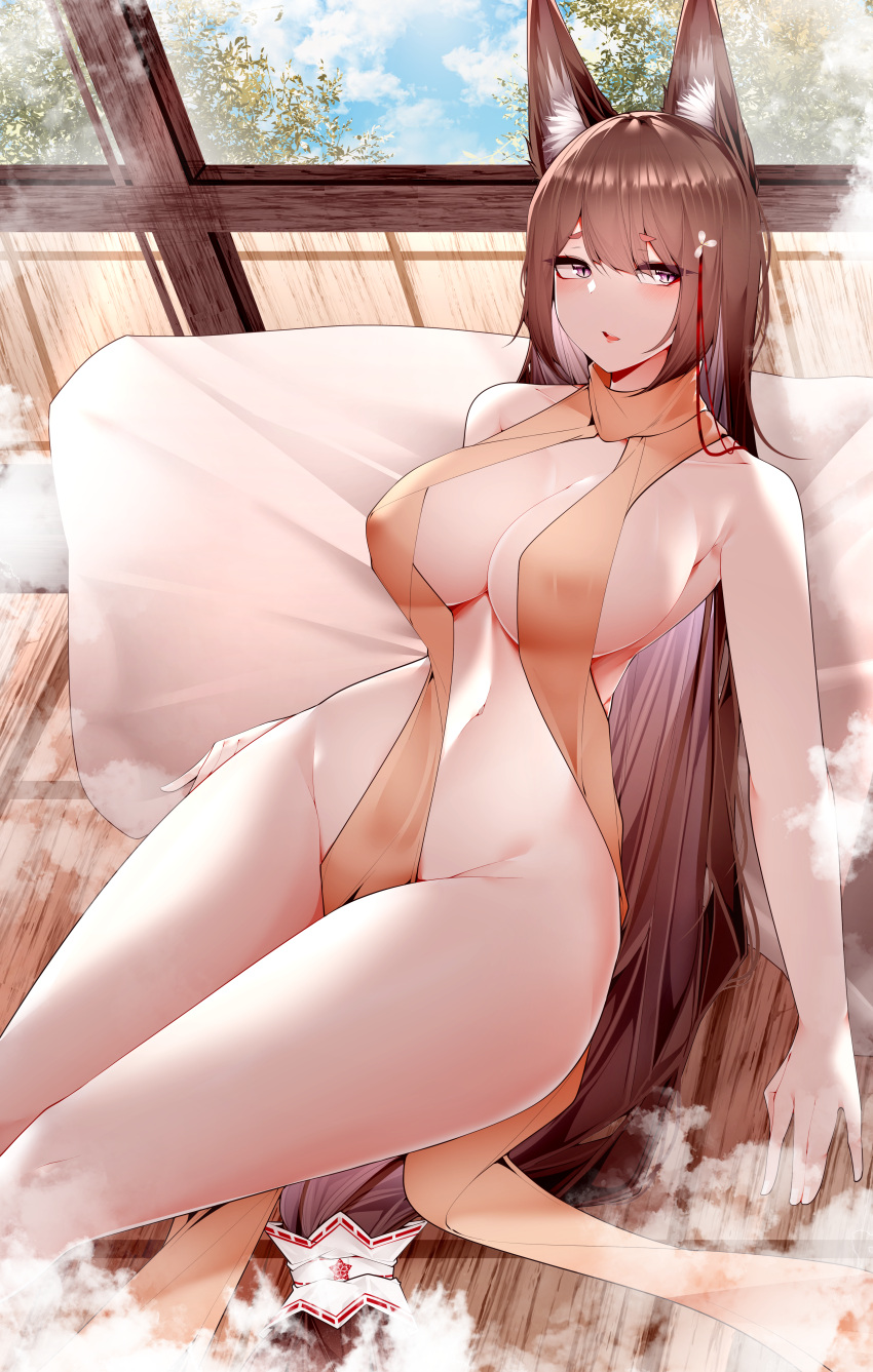 1girl absurdres amagi_(azur_lane) animal_ear_fluff animal_ears azur_lane breasts brown_hair commentary covered_nipples feet_out_of_frame fox_ears highres indoors large_breasts long_hair looking_to_the_side naked_scarf orange_scarf pillow samip scarf sitting solo steam symbol-only_commentary very_long_hair