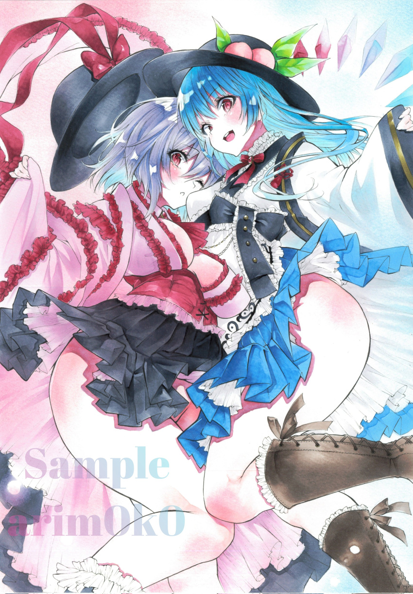 2girls absurdres adapted_costume arim0k0 artist_name black_headwear black_skirt blue_hair blue_skirt blush boots bow breasts cleavage commentary cross-laced_clothes feet_out_of_frame hat hat_bow highres hinanawi_tenshi large_breasts leaf long_hair long_sleeves looking_at_viewer marker_(medium) multiple_girls nagae_iku one_eye_closed open_mouth peach_hat_ornament purple_hair red_bow red_eyes sample_watermark short_hair skirt teeth touhou traditional_media upper_teeth_only watermark
