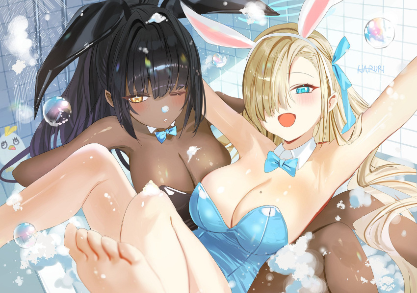 2girls animal_ears armpits artist_name asuna_(blue_archive) asuna_(bunny)_(blue_archive) barefoot black_hair black_leotard blue_archive blue_bow blue_eyes blue_leotard blush bow breasts cleavage dark-skinned_female dark_skin detached_collar fake_animal_ears hair_over_one_eye haruri highres indoors karin_(blue_archive) karin_(bunny)_(blue_archive) large_breasts leotard light_brown_hair long_hair mole mole_on_breast multiple_girls official_alternate_costume one_eye_closed open_mouth peroro_(blue_archive) ponytail rabbit_ears signature smile soap_bubbles strapless strapless_leotard tile_wall tiles toes yellow_eyes