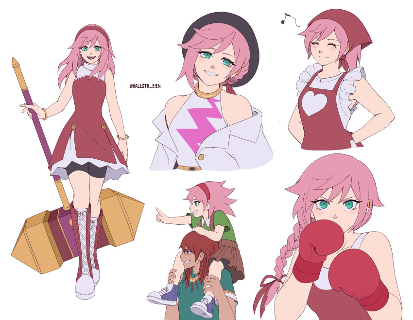1boy 1girl age_difference amy_rose apron armor artist_name boots boxing boxing_gloves braid brown_skirt carrying closed_eyes closed_mouth dress frilled_shirt frills gold_bracelet green_eyes green_shirt hairband hallsth-eien hammer heart highres humanization jacket knee_boots knuckles_the_echidna long_hair multiple_views musical_note open_clothes open_jacket pink_hair pleated_skirt red_armor red_dress red_footwear red_hair red_hairband shirt shoes simple_background skirt sleeveless sonic_(series) two-tone_dress white_background white_dress