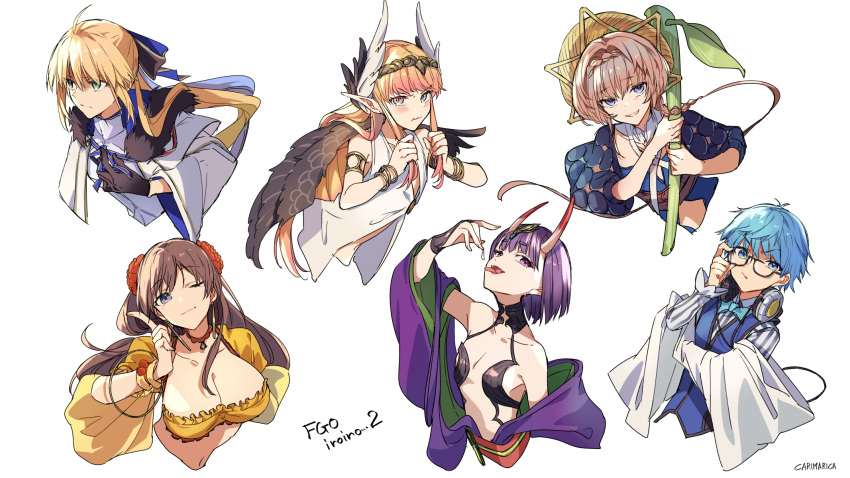 ahoge armlet armor black_fur black_gloves black_sleeves blonde_hair blue_eyes blue_hair blue_ribbon blue_vest bob_cut bow bowtie bracelet braid breastplate breasts brown_hair brown_wings cape carimarica circe_(fate) circlet cleavage cloak clothing_cutout crown_braid earrings eyeliner fate/grand_order fate_(series) feathered_wings flower fur-trimmed_cloak fur_trim glasses gloves green_eyes grey_eyes hair_flower hair_ornament hair_ribbon hans_christian_andersen_(fate) hat head_wings headphones headpiece highres hoop_earrings horns japanese_clothes jewelry kimono lab_coat large_breasts makeup mata_hari_(fate) multicolored_eyes navel_cutout oni orange_hair pink_hair pointy_ears purple_eyes purple_hair purple_kimono revealing_clothes ribbon shirt short_eyebrows shuten_douji_(fate) side_braid sidelocks skin-covered_horns smile striped_clothes striped_shirt tonelico_(fate) tonelico_(second_ascension)_(fate) van_gogh_(fate) vertical-striped_clothes vertical-striped_shirt vest white_background white_cape white_cloak winged_hair_ornament wings yellow_headwear