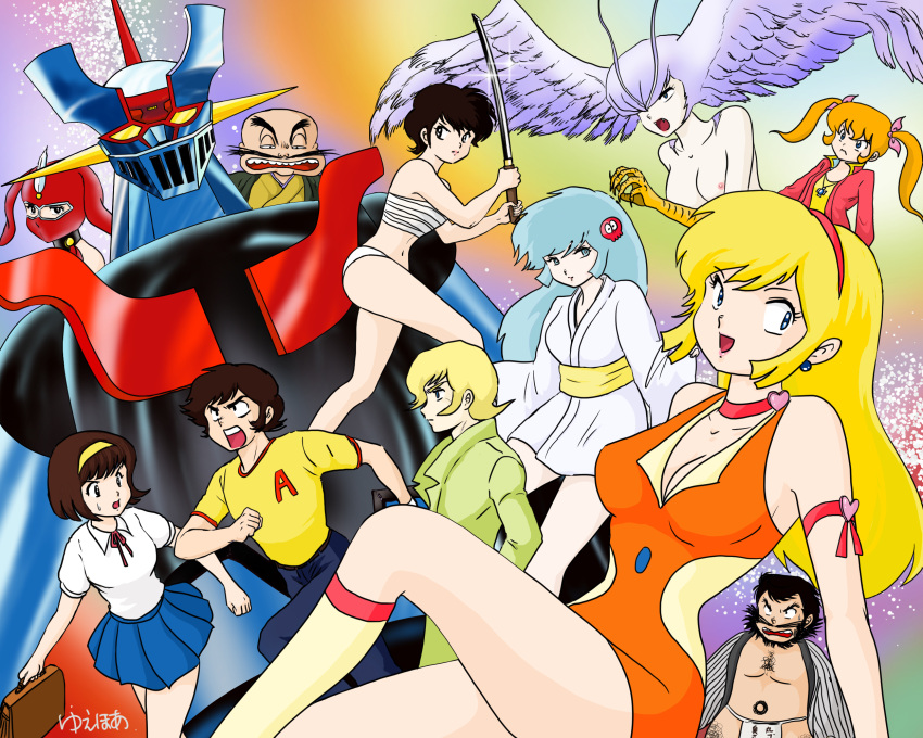 abashiri_ikka abashiri_kikunosuke asuka_ryou black_hair blonde_hair blue_eyes blue_hair blue_skirt breasts brown_hair character_request chest_hair chest_sarashi copyright_request creator_connection devilman dororon_enma-kun earrings facial_hair hair_ornament hairband harenchi_gakuen hazukiyuehua head_wings highres holding holding_sword holding_weapon japanese_clothes jewelry kekkou_kamen kekkou_kamen_(character) kimono majokko_tickle mazinger_(series) mazinger_z mecha multiple_boys multiple_girls mustache open_mouth orange_hair pleated_skirt robot sarashi short_kimono siren_(devilman) skirt sword tiko_(majokko_tickle) twintails urusei_yatsura weapon wings yukiko_hime