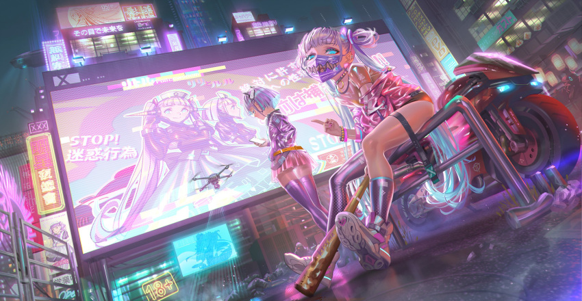 2girls alphonse_(white_datura) android asymmetrical_legwear baseball_bat blue_eyes blue_hair bracelet breasts building choker city city_lights drone grey_hair headgear highres jacket jewelry long_hair mask micro_shorts miniskirt motor_vehicle motorcycle mouth_mask multicolored_hair multiple_girls neon_lights night off_shoulder open_mouth original panties pantyshot photoshop_(medium) science_fiction shoes short_hair shorts sign sitting skirt skyscraper small_breasts sneakers streaked_hair thighhighs twintails two-tone_hair underwear very_long_hair