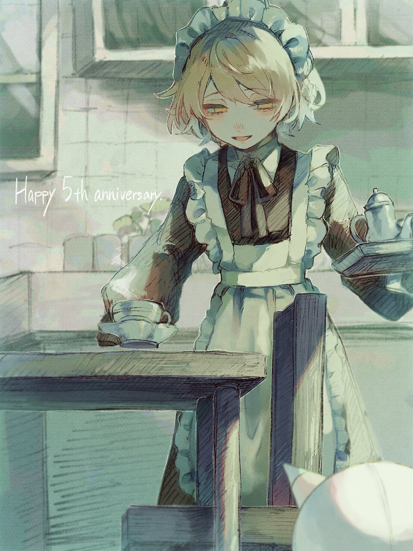 1girl alternate_costume aota_(ao_taaa) apron black_dress black_ribbon blonde_hair commentary_request cup dress empty_eyes english_text enmaided feet_out_of_frame frilled_apron frills half-closed_eyes happy_anniversary highres holding holding_saucer holding_tray hot_drink indoors kitchen long_sleeves looking_at_another maid maid_apron maid_headdress neck_ribbon no_pupils nurse_robot_type_t open_mouth ribbon robot saucer shelf short_hair smile solo standing steam table teacup teapot tray utau voicevox wooden_chair wooden_table yellow_eyes