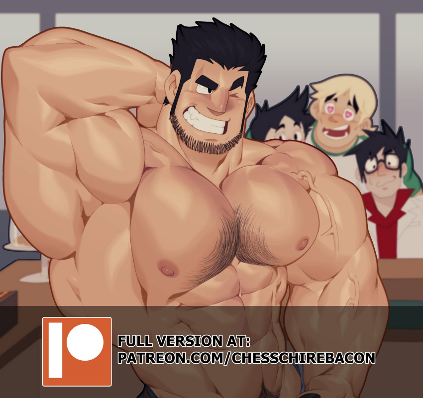 4boys absurdres armpits bara barista beard_stubble black_hair broad_shoulders cafe cheschirebacon facial_hair gideon_gordon_graves grin heart heart-shaped_pupils highres huge_eyebrows large_pectorals lucas_lee male_focus multiple_boys muscular muscular_male navel_hair nipples nude one_eye_closed paid_reward_available pectorals scott_pilgrim_(series) scott_pilgrim_takes_off scratching_head shirt short_hair short_sleeves shy smile solo_focus sparse_chest_hair stubble symbol-shaped_pupils t-shirt thick_arms todd_ingram upper_body v-taper veins veiny_arms wallace_wells yaoi