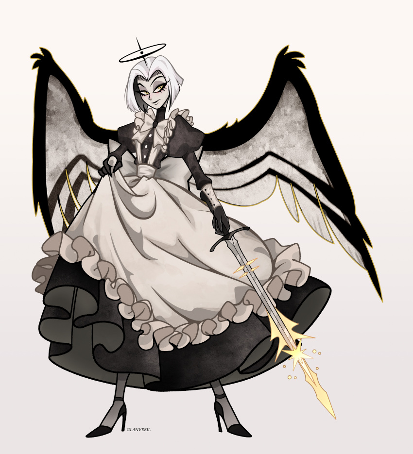 1girl absurdres angel angel_wings animification apron black_halo black_lips black_wings dressing eyelashes feathered_wings frilled_apron frills gloves glowing_halo grey_hair grey_wings halo hazbin_hotel highres holding holding_sword holding_weapon lanveril lute_(hazbin_hotel) maid maid_apron maid_headdress short_hair solo sword two-tone_wings waist_apron weapon white_apron white_hair wings yellow_eyes