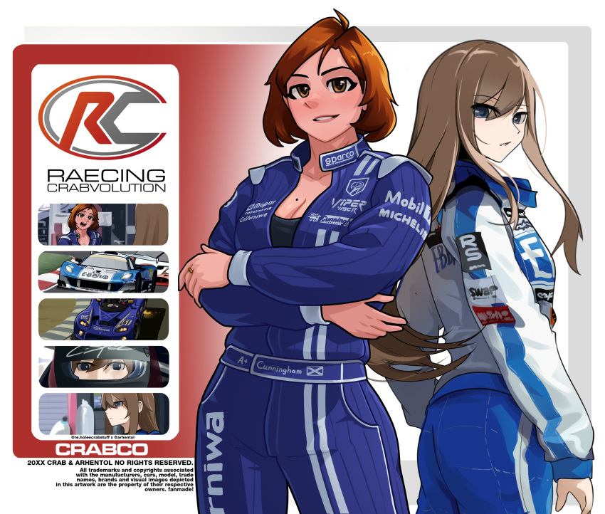 2girls absurdres arhentol asamiya_mariko blue_eyes breasts brown_eyes brown_hair car cleavage collaboration crossed_arms dodge_(company) dodge_viper english_commentary fire helmet highres holeecrab jewelry long_hair looking_at_viewer looking_back michelin mobil1 mole mole_on_breast motor_vehicle multiple_girls open_mouth original parted_lips race_vehicle racecar racetrack racing racing_suit raelyn_cunningham ring short_hair spoiler_(automobile) sponsor super_gt vemac vemac_rd350r