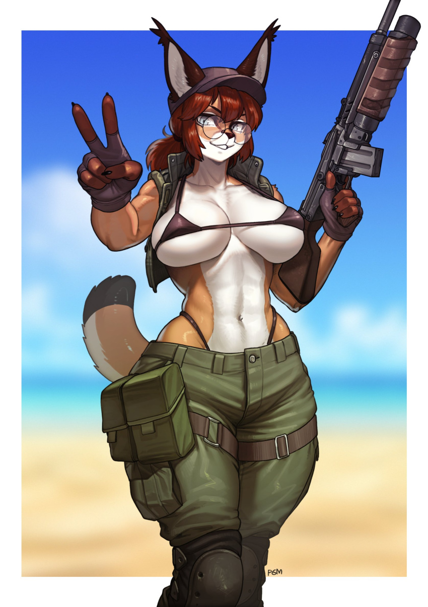 2024 anthro beach big_breasts bikini bikini_top black_bikini black_clothing black_swimwear blue_eyes blurred_background bottomwear breasts brown_body brown_fur brown_hair bulging_breasts caracal caracal_(genus) clothing collarbone eyebrows eyelashes eyewear felid feline female fingerless_gloves fio_germi fur gesture glasses glistening gloves green_bottomwear green_clothing green_pants gun hair handwear hat headgear headwear hi_res inner_ear_fluff knee_pads looking_at_viewer mammal metal_slug micro_bikini navel outside pants pgm300 ponytail portrait pouches ranged_weapon round_glasses seaside shoulder_tuft smile solo swimwear thigh_strap three-quarter_portrait topwear tuft v_sign vest weapon white_body white_fur