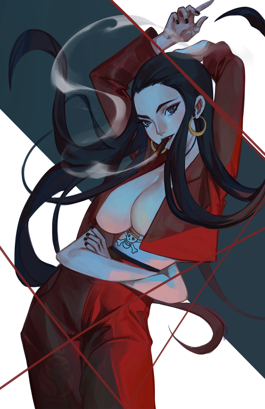 1girl black_eyes black_hair black_nails breasts charmiisan cigar crossed_arms earrings extra_arms floating_hair highres hoop_earrings jacket jewelry jolly_roger large_breasts leaning_back leaning_to_the_side long_hair nico_robin one_piece pants red_jacket red_pants skull_and_crossbones smile smoking solo straw_hats_jolly_roger very_long_hair