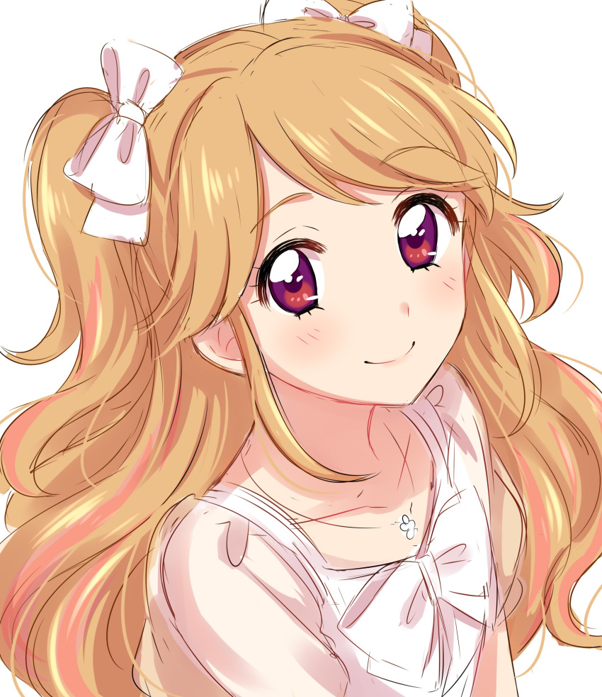 1girl absurdres aikatsu! aikatsu!_(series) blush bow brown_hair closed_mouth hair_bow highres jewelry looking_at_viewer natsuki_mikuru necklace red_eyes sekina shirt simple_background smile solo two_side_up upper_body white_background white_bow white_shirt