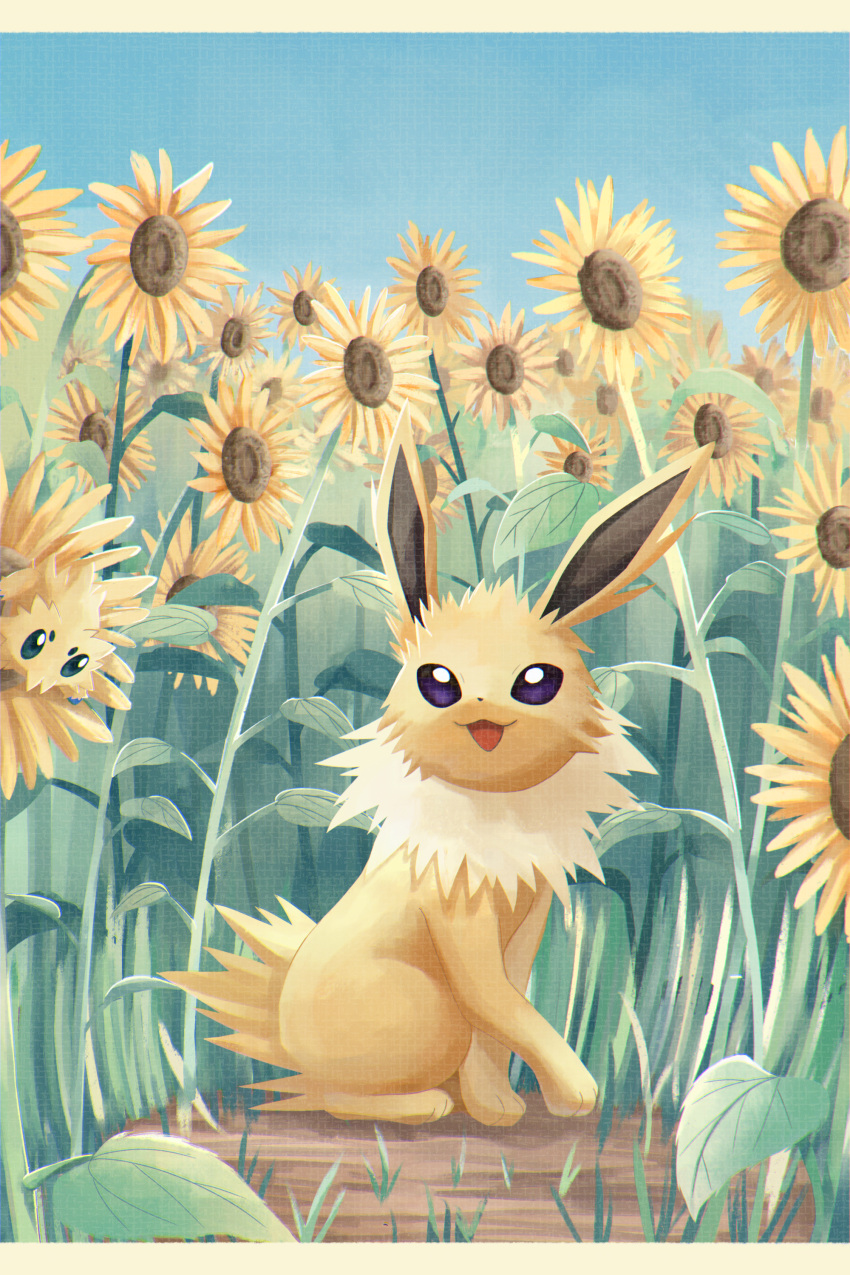 :d absurdres animal_focus commentary_request day flower highres jolteon joltik looking_up no_humans open_mouth outdoors pokemon pokemon_(creature) ramune_(sea_glassblue) sitting sky smile sunflower