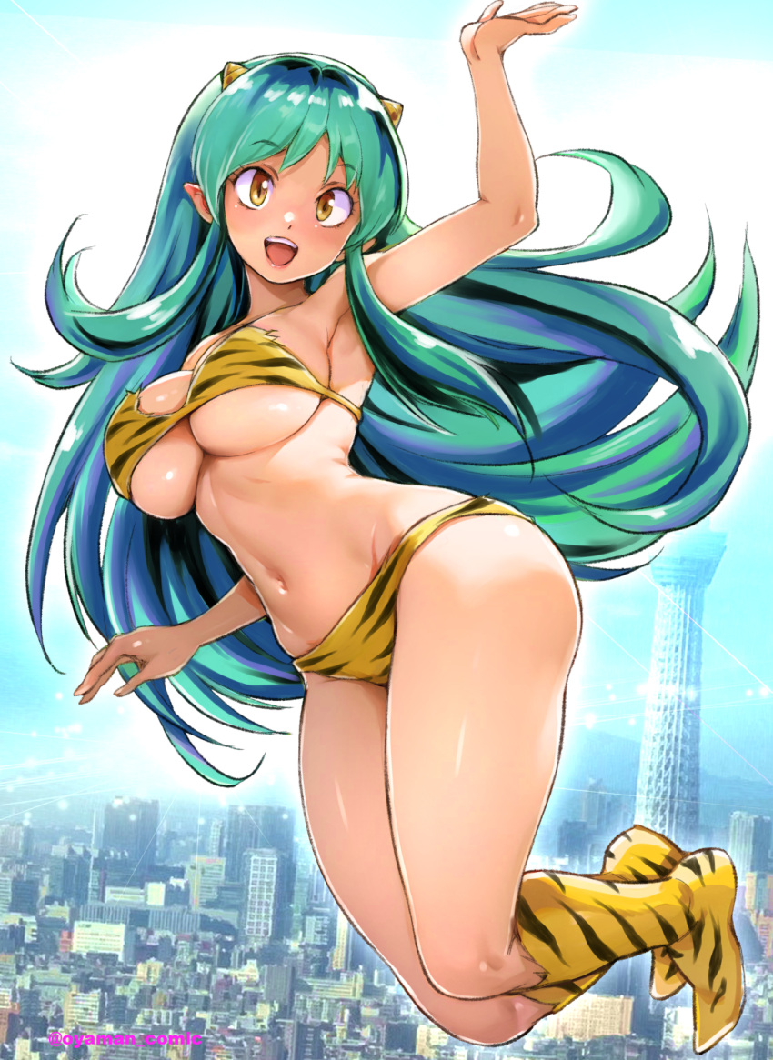 animal_print armpits bikini breasts cone_horns fur_bikini green_hair highres horns large_breasts lum midriff oni oyaman pointy_ears print_bikini print_footwear small_horns strapless strapless_bikini striped_horns swimsuit thighs tiger_panties tiger_print urusei_yatsura yellow_bikini yellow_eyes yellow_horns