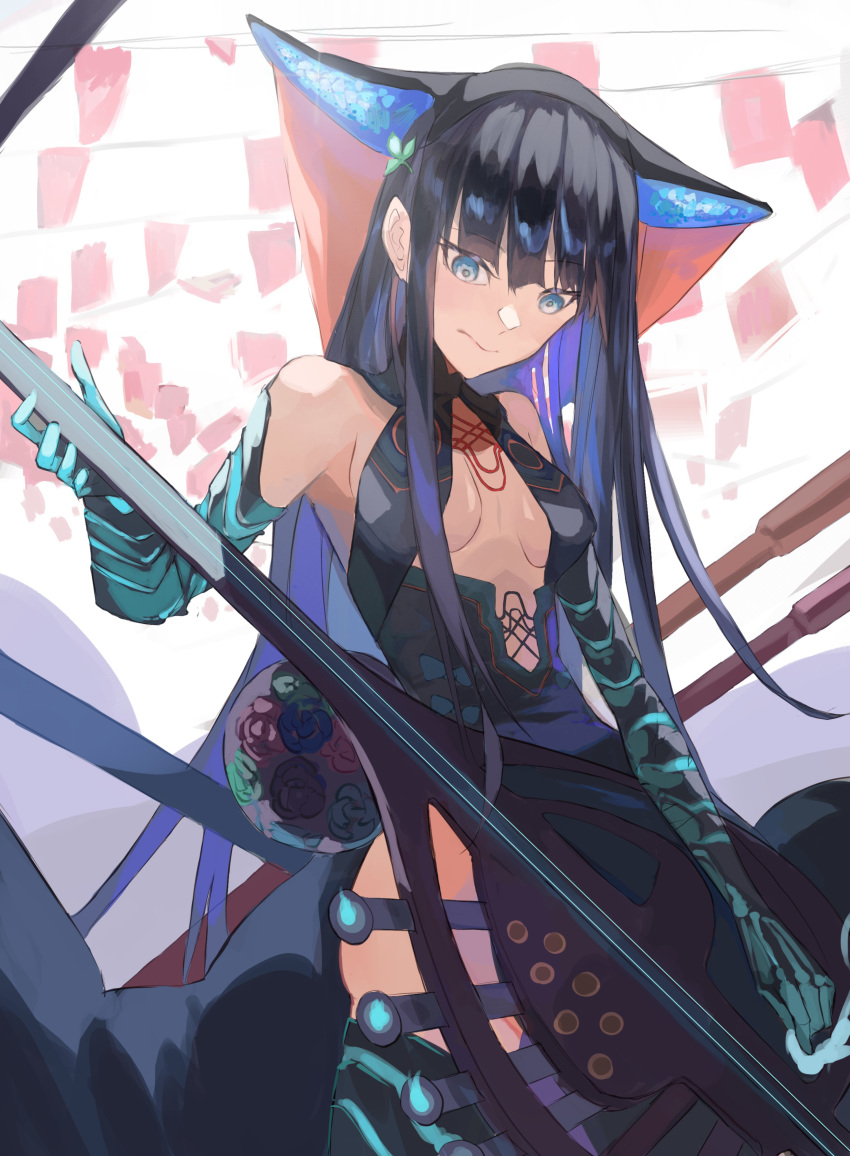 1girl absurdres artist_request bangs bare_shoulders black_dress black_gloves black_headwear black_legwear blue_eyes blunt_bangs breasts center_opening closed_mouth dress elbow_gloves fate/grand_order fate_(series) flute gloves hair_ornament highres instrument leaf_hair_ornament long_hair looking_at_viewer medium_breasts pipa_(instrument) purple_hair thighhighs thighs very_long_hair yang_guifei_(fate/grand_order)