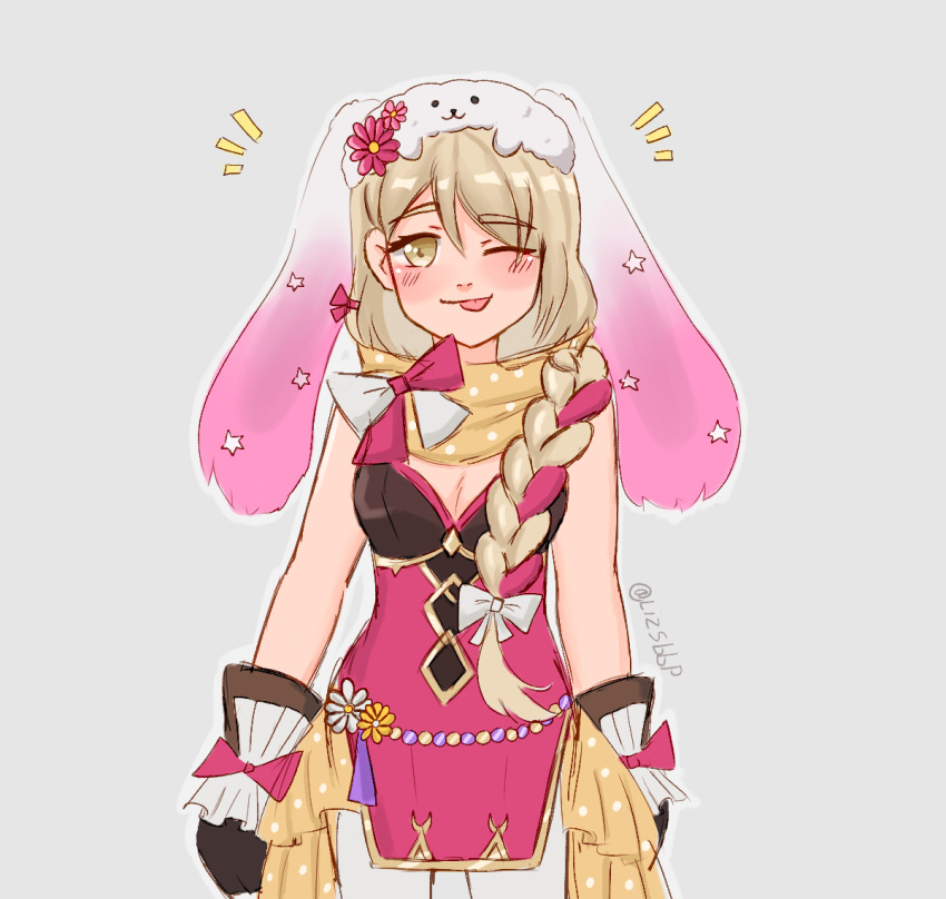 animal_hat braid braided_ponytail brown_gloves fire_emblem fire_emblem_engage fire_emblem_heroes framme_(fire_emblem) framme_(spring)_(fire_emblem) gloves hair_over_shoulder hat highband lizsbbp official_alternate_costume pantyhose pelvic_curtain rabbit_hat scarf white_pantyhose