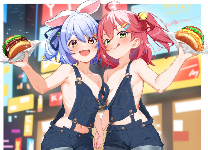 2girls :d :q ahoge animal_ears bell blue_hair blush breasts burger chicken_sandwich closed_mouth convenient_censoring dongchuan food green_eyes hair_bell hair_ornament hair_ribbon holding holding_food holding_hands hololive looking_at_viewer multiple_girls naked_overalls outdoors overalls pink_hair rabbit_ears ribbon sakura_miko small_breasts smile standing thick_eyebrows tongue tongue_out usada_pekora virtual_youtuber