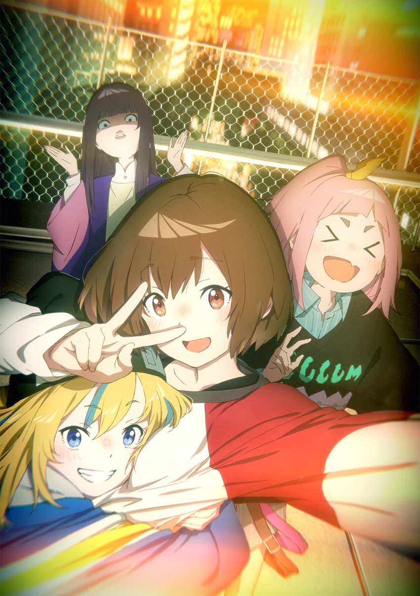 &gt;_&lt; 4girls beanie black_headwear black_sweater blonde_hair blue_eyes blue_jacket blue_shirt blunt_bangs blush brown_eyes brown_hair chain-link_fence clenched_teeth collared_shirt dress_shirt fang fence hands_up hat highres hug jacket key_visual kouzuki_mahiru long_hair long_sleeves looking_at_viewer multicolored_hair multiple_girls official_art one_side_up open_mouth pink_hair promotional_art purple_jacket real_world_location selfie shibuya_(tokyo) shirt short_hair skin_fang streaked_hair sweater takanashi_kim_anouk_mei teeth tokyo_(city) two-tone_hair v w watase_kiui white_sweater yamanouchi_kano yoru_no_kurage_wa_oyogenai